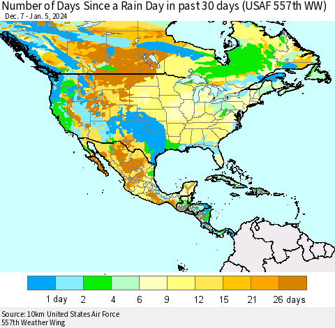 North America Number of Days Since a Rain Day in past 30 days (USAF 557th WW) Thematic Map For 1/1/2024 - 1/5/2024