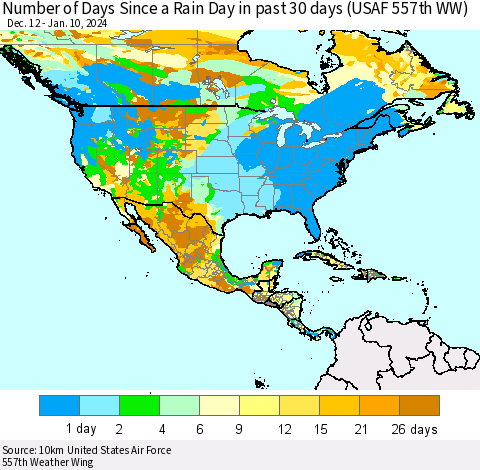 North America Number of Days Since a Rain Day in past 30 days (USAF 557th WW) Thematic Map For 1/6/2024 - 1/10/2024