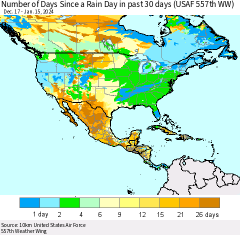 North America Number of Days Since a Rain Day in past 30 days (USAF 557th WW) Thematic Map For 1/11/2024 - 1/15/2024