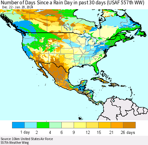 North America Number of Days Since a Rain Day in past 30 days (USAF 557th WW) Thematic Map For 1/16/2024 - 1/20/2024