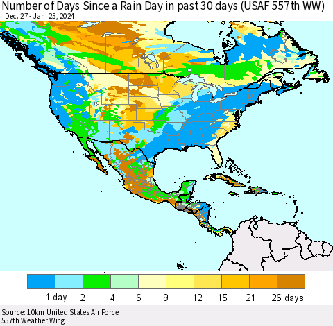 North America Number of Days Since a Rain Day in past 30 days (USAF 557th WW) Thematic Map For 1/21/2024 - 1/25/2024