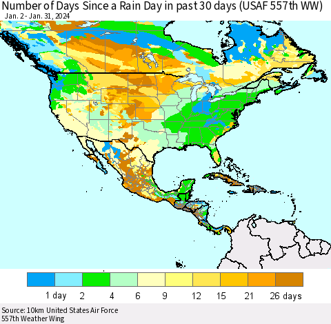 North America Number of Days Since a Rain Day in past 30 days (USAF 557th WW) Thematic Map For 1/26/2024 - 1/31/2024