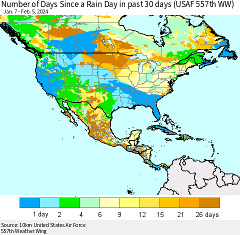 North America Number of Days Since a Rain Day in past 30 days (USAF 557th WW) Thematic Map For 2/1/2024 - 2/5/2024