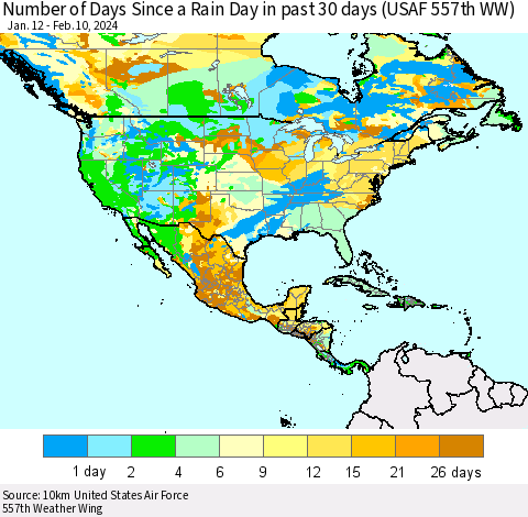 North America Number of Days Since a Rain Day in past 30 days (USAF 557th WW) Thematic Map For 2/6/2024 - 2/10/2024