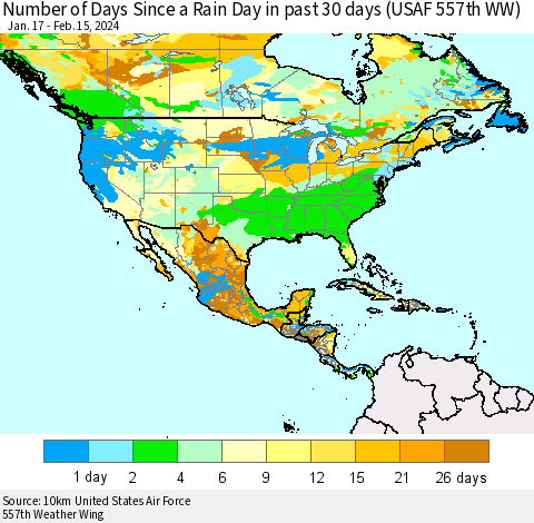 North America Number of Days Since a Rain Day in past 30 days (USAF 557th WW) Thematic Map For 2/11/2024 - 2/15/2024