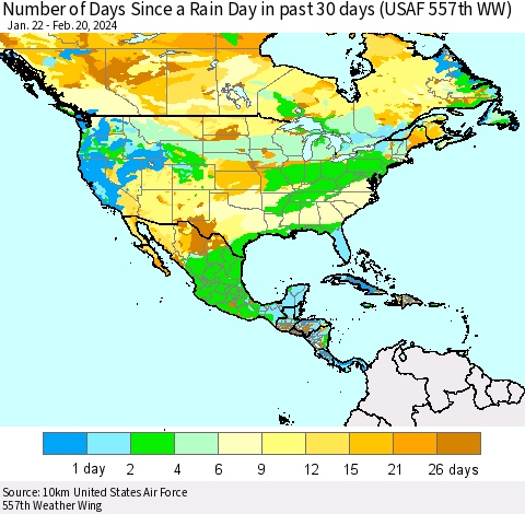 North America Number of Days Since a Rain Day in past 30 days (USAF 557th WW) Thematic Map For 2/16/2024 - 2/20/2024