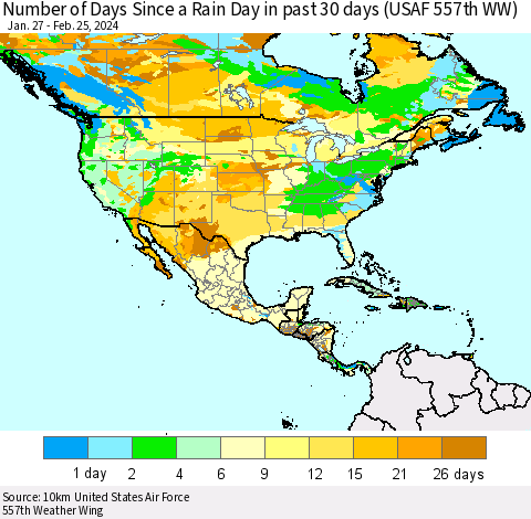 North America Number of Days Since a Rain Day in past 30 days (USAF 557th WW) Thematic Map For 2/21/2024 - 2/25/2024