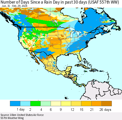 North America Number of Days Since a Rain Day in past 30 days (USAF 557th WW) Thematic Map For 2/26/2024 - 2/29/2024