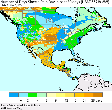 North America Number of Days Since a Rain Day in past 30 days (USAF 557th WW) Thematic Map For 3/1/2024 - 3/5/2024