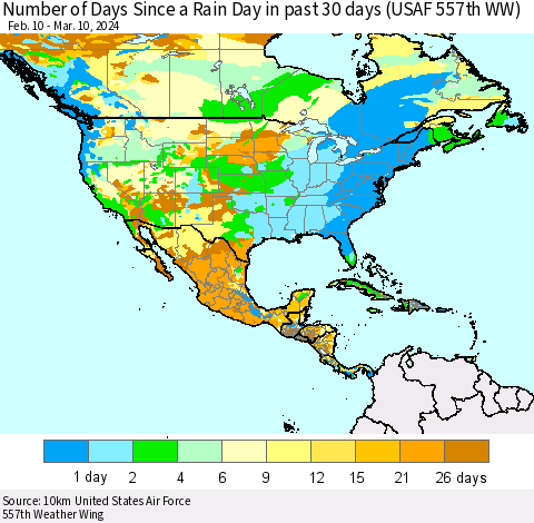North America Number of Days Since a Rain Day in past 30 days (USAF 557th WW) Thematic Map For 3/6/2024 - 3/10/2024