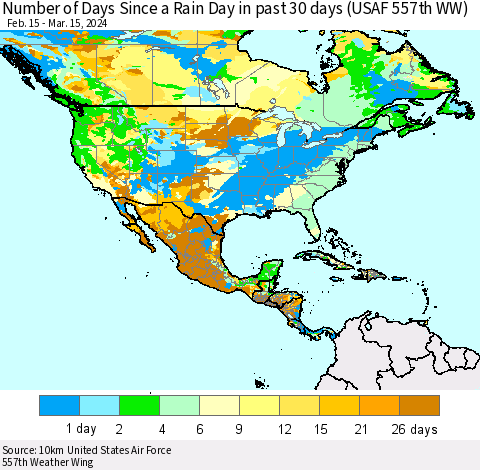 North America Number of Days Since a Rain Day in past 30 days (USAF 557th WW) Thematic Map For 3/11/2024 - 3/15/2024