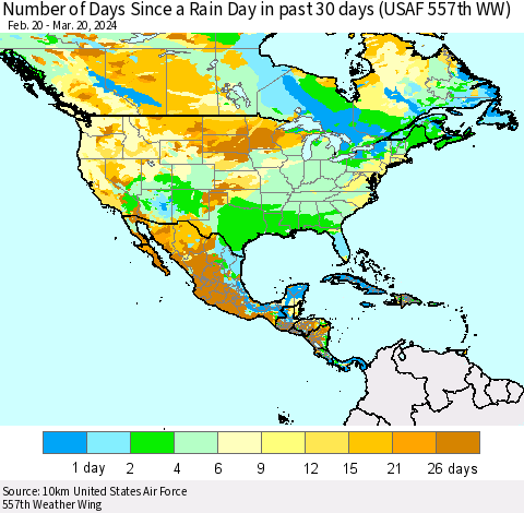 North America Number of Days Since a Rain Day in past 30 days (USAF 557th WW) Thematic Map For 3/16/2024 - 3/20/2024