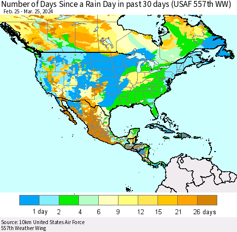 North America Number of Days Since a Rain Day in past 30 days (USAF 557th WW) Thematic Map For 3/21/2024 - 3/25/2024