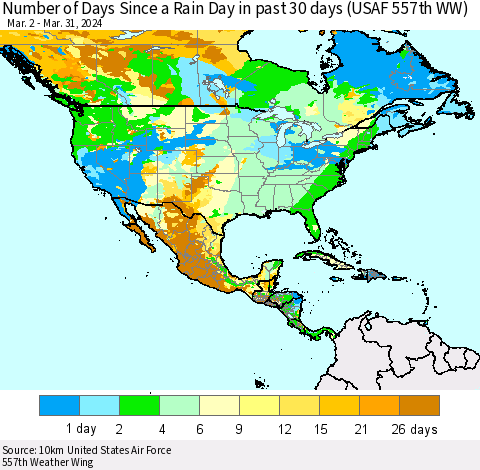North America Number of Days Since a Rain Day in past 30 days (USAF 557th WW) Thematic Map For 3/26/2024 - 3/31/2024