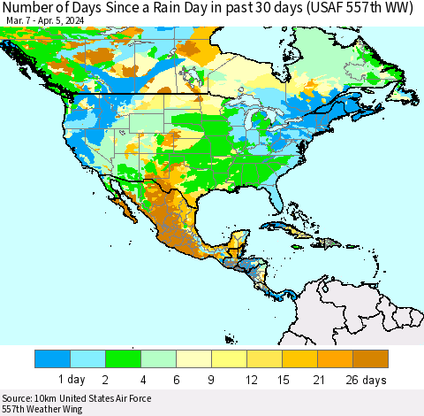 North America Number of Days Since a Rain Day in past 30 days (USAF 557th WW) Thematic Map For 4/1/2024 - 4/5/2024