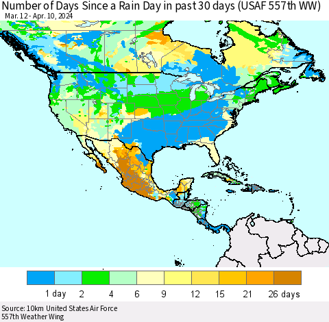 North America Number of Days Since a Rain Day in past 30 days (USAF 557th WW) Thematic Map For 4/6/2024 - 4/10/2024