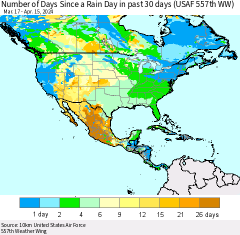 North America Number of Days Since a Rain Day in past 30 days (USAF 557th WW) Thematic Map For 4/11/2024 - 4/15/2024