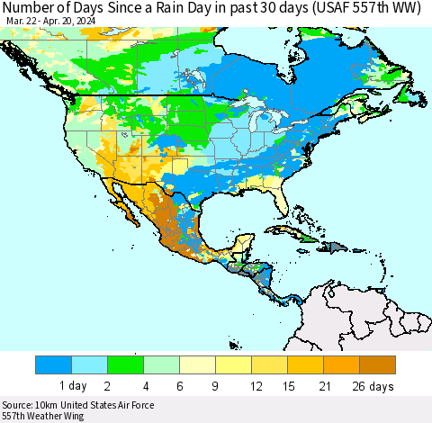 North America Number of Days Since a Rain Day in past 30 days (USAF 557th WW) Thematic Map For 4/16/2024 - 4/20/2024