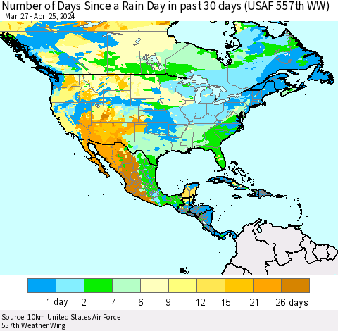 North America Number of Days Since a Rain Day in past 30 days (USAF 557th WW) Thematic Map For 4/21/2024 - 4/25/2024