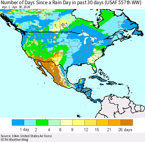 North America Number of Days Since a Rain Day in past 30 days (USAF 557th WW) Thematic Map For 4/26/2024 - 4/30/2024