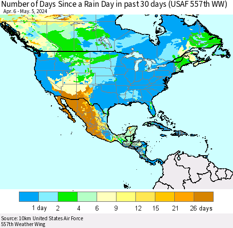 North America Number of Days Since a Rain Day in past 30 days (USAF 557th WW) Thematic Map For 5/1/2024 - 5/5/2024