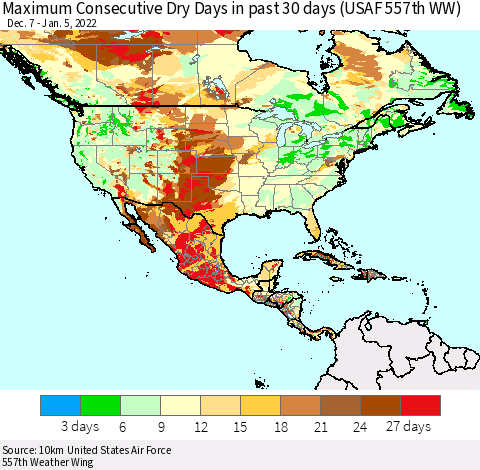 North America Maximum Consecutive Dry Days in past 30 days (USAF 557th WW) 01/05/2022 Thematic Map For 1/1/2022 - 1/5/2022