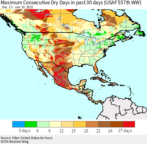 North America Maximum Consecutive Dry Days in past 30 days (USAF 557th WW) 01/10/2022 Thematic Map For 1/6/2022 - 1/10/2022