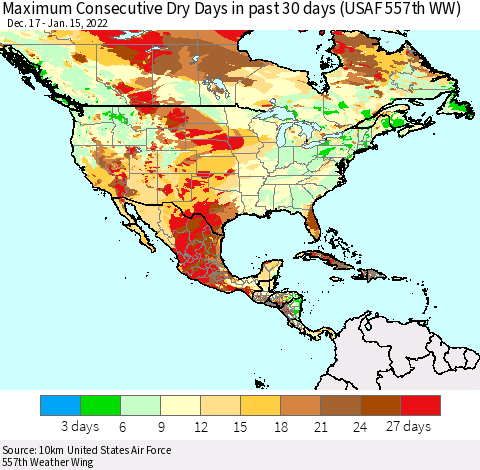 North America Maximum Consecutive Dry Days in past 30 days (USAF 557th WW) 01/15/2022 Thematic Map For 1/11/2022 - 1/15/2022