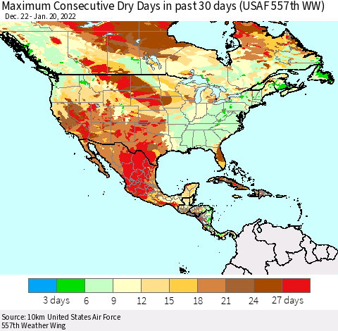 North America Maximum Consecutive Dry Days in past 30 days (USAF 557th WW) 01/20/2022 Thematic Map For 1/16/2022 - 1/20/2022