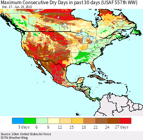 North America Maximum Consecutive Dry Days in past 30 days (USAF 557th WW) 01/25/2022 Thematic Map For 1/21/2022 - 1/25/2022