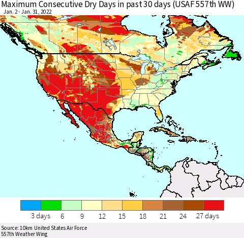 North America Maximum Consecutive Dry Days in past 30 days (USAF 557th WW) 01/31/2022 Thematic Map For 1/26/2022 - 1/31/2022