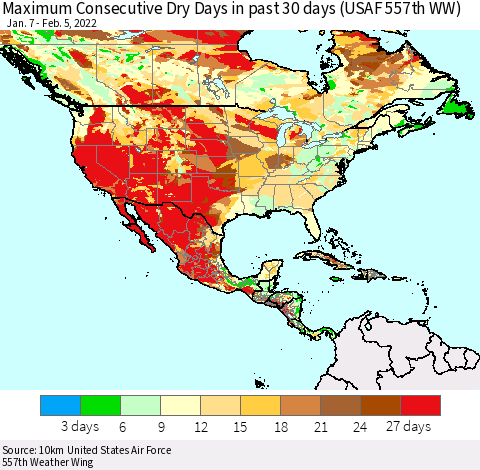 North America Maximum Consecutive Dry Days in past 30 days (USAF 557th WW) 02/05/2022 Thematic Map For 2/1/2022 - 2/5/2022