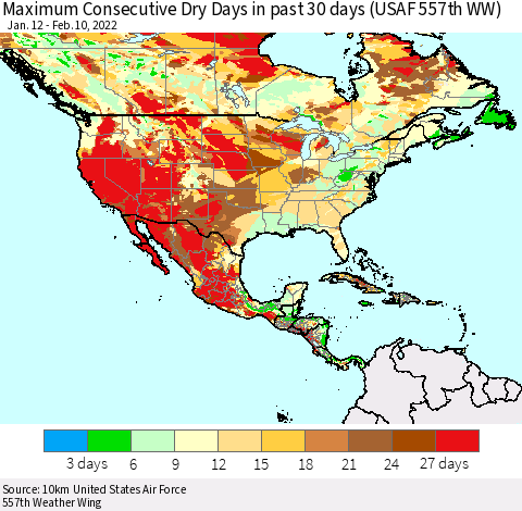 North America Maximum Consecutive Dry Days in past 30 days (USAF 557th WW) 02/10/2022 Thematic Map For 2/6/2022 - 2/10/2022