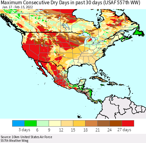 North America Maximum Consecutive Dry Days in past 30 days (USAF 557th WW) 02/15/2022 Thematic Map For 2/11/2022 - 2/15/2022