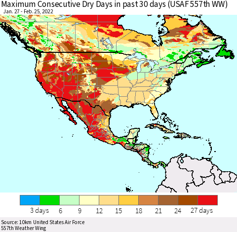 North America Maximum Consecutive Dry Days in past 30 days (USAF 557th WW) 02/25/2022 Thematic Map For 2/21/2022 - 2/25/2022