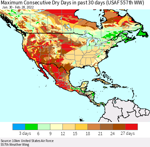 North America Maximum Consecutive Dry Days in past 30 days (USAF 557th WW) 02/28/2022 Thematic Map For 2/26/2022 - 2/28/2022
