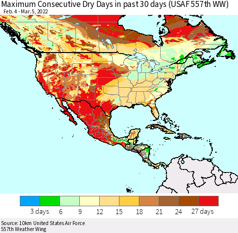 North America Maximum Consecutive Dry Days in past 30 days (USAF 557th WW) 03/05/2022 Thematic Map For 3/1/2022 - 3/5/2022