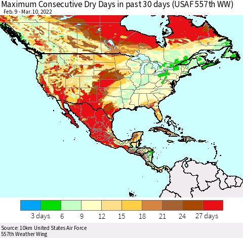 North America Maximum Consecutive Dry Days in past 30 days (USAF 557th WW) 03/10/2022 Thematic Map For 3/6/2022 - 3/10/2022
