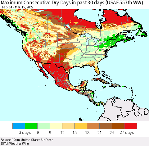 North America Maximum Consecutive Dry Days in past 30 days (USAF 557th WW) 03/15/2022 Thematic Map For 3/11/2022 - 3/15/2022