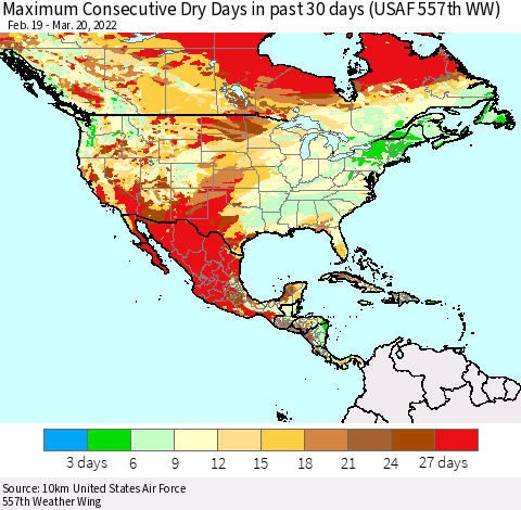 North America Maximum Consecutive Dry Days in past 30 days (USAF 557th WW) 03/20/2022 Thematic Map For 3/16/2022 - 3/20/2022