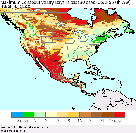 North America Maximum Consecutive Dry Days in past 30 days (USAF 557th WW) 03/25/2022 Thematic Map For 3/21/2022 - 3/25/2022