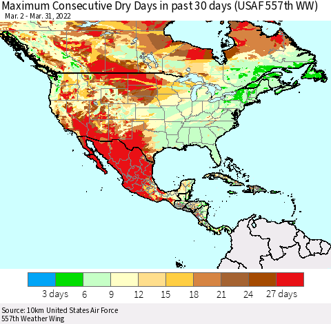 North America Maximum Consecutive Dry Days in past 30 days (USAF 557th WW) 03/31/2022 Thematic Map For 3/26/2022 - 3/31/2022