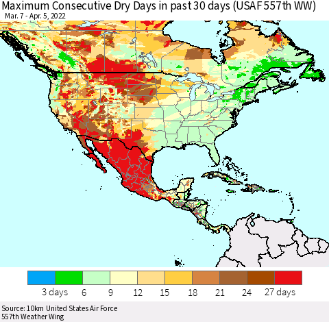 North America Maximum Consecutive Dry Days in past 30 days (USAF 557th WW) 04/05/2022 Thematic Map For 4/1/2022 - 4/5/2022