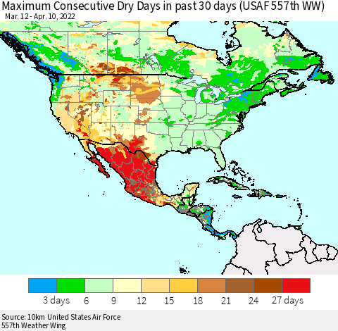 North America Maximum Consecutive Dry Days in past 30 days (USAF 557th WW) 04/10/2022 Thematic Map For 4/6/2022 - 4/10/2022
