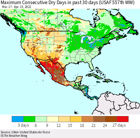 North America Maximum Consecutive Dry Days in past 30 days (USAF 557th WW) 04/15/2022 Thematic Map For 4/11/2022 - 4/15/2022