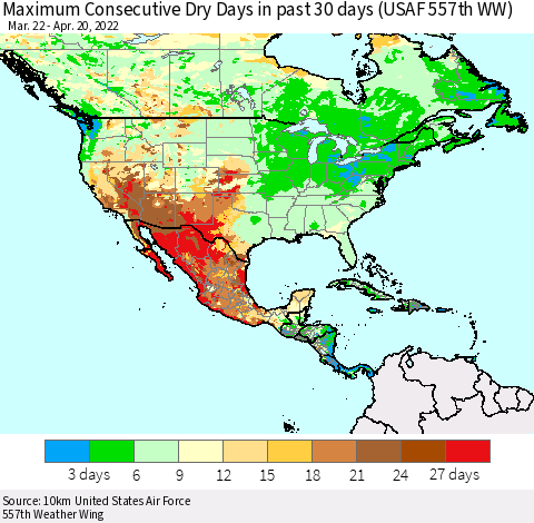 North America Maximum Consecutive Dry Days in past 30 days (USAF 557th WW) 04/20/2022 Thematic Map For 4/16/2022 - 4/20/2022