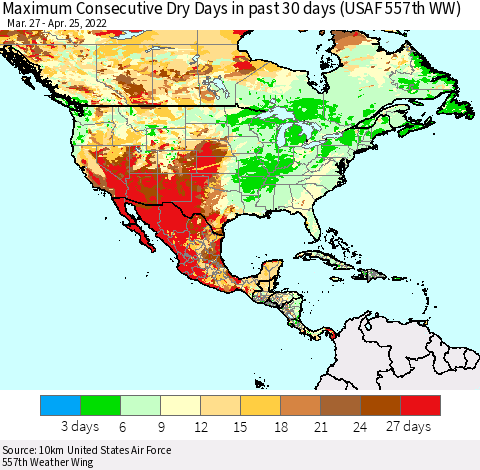 North America Maximum Consecutive Dry Days in past 30 days (USAF 557th WW) 04/25/2022 Thematic Map For 4/21/2022 - 4/25/2022