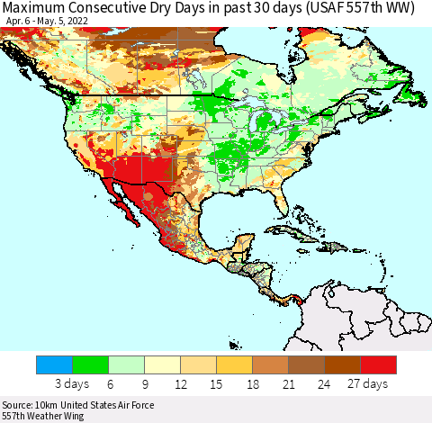 North America Maximum Consecutive Dry Days in past 30 days (USAF 557th WW) 05/05/2022 Thematic Map For 5/1/2022 - 5/5/2022