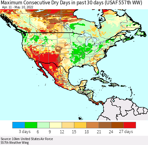 North America Maximum Consecutive Dry Days in past 30 days (USAF 557th WW) 05/10/2022 Thematic Map For 5/6/2022 - 5/10/2022