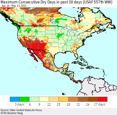 North America Maximum Consecutive Dry Days in past 30 days (USAF 557th WW) 05/15/2022 Thematic Map For 5/11/2022 - 5/15/2022
